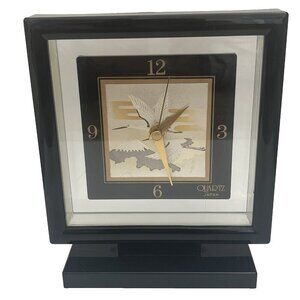 Vintage Japan Quartz Mantel Clock Black Japanese Cranes Bird of Happiness MCM